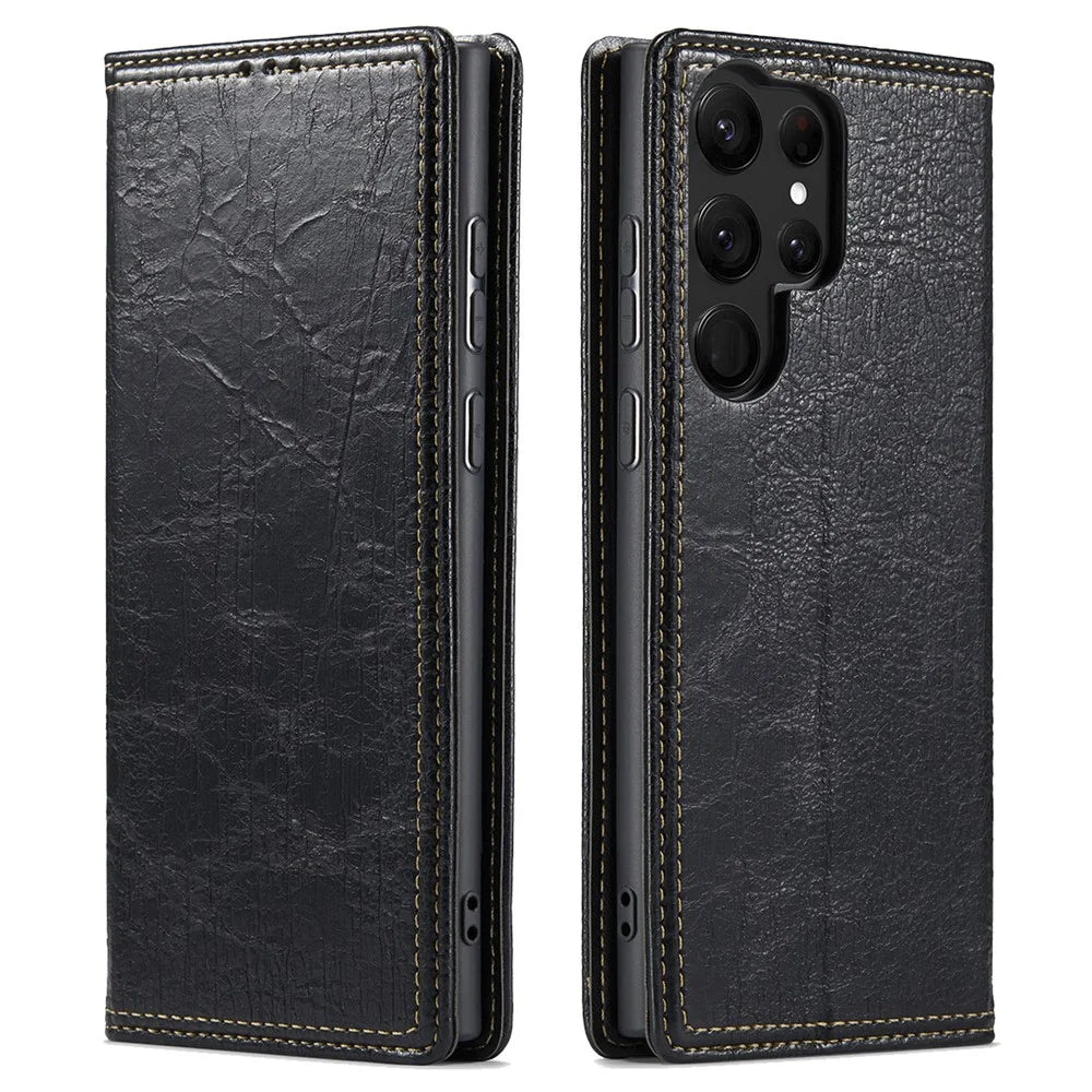 For Samsung Galaxy S23 Ultra Anti-scratch Tree Texture Phone Cover Leather Stand Wallet Phone Case - Black - 1
