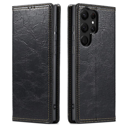 For Samsung Galaxy S23 Ultra Anti-scratch Tree Texture Phone Cover Leather Stand Wallet Phone Case - Black - 1
