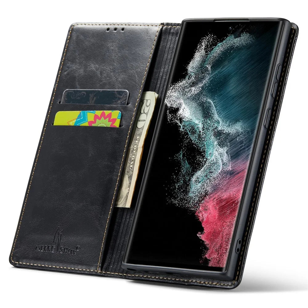 For Samsung Galaxy S23 Ultra Anti-scratch Tree Texture Phone Cover Leather Stand Wallet Phone Case - Black - 3
