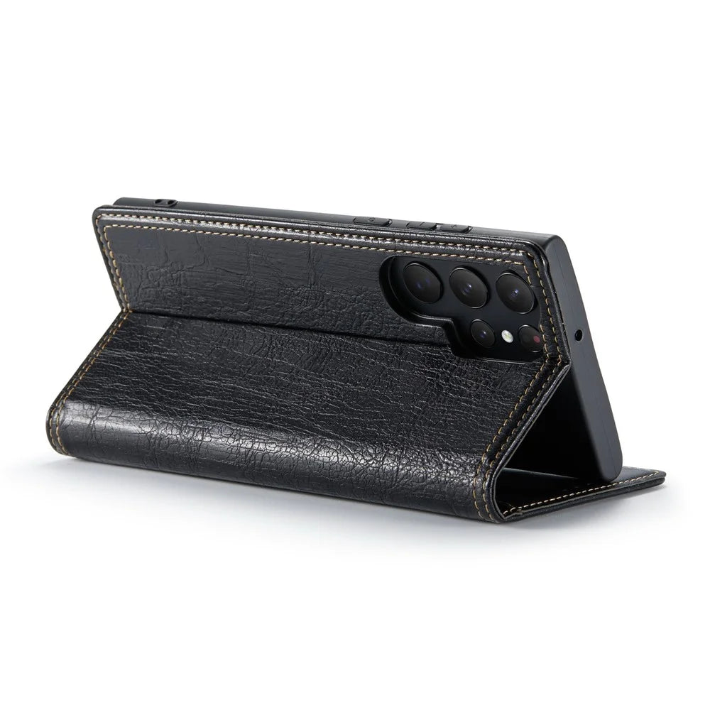 For Samsung Galaxy S23 Ultra Anti-scratch Tree Texture Phone Cover Leather Stand Wallet Phone Case - Black - 4