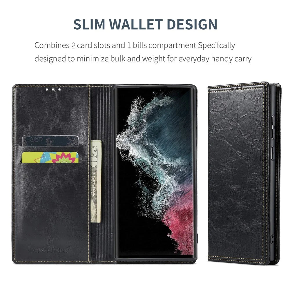 For Samsung Galaxy S23 Ultra Anti-scratch Tree Texture Phone Cover Leather Stand Wallet Phone Case - Black - 5