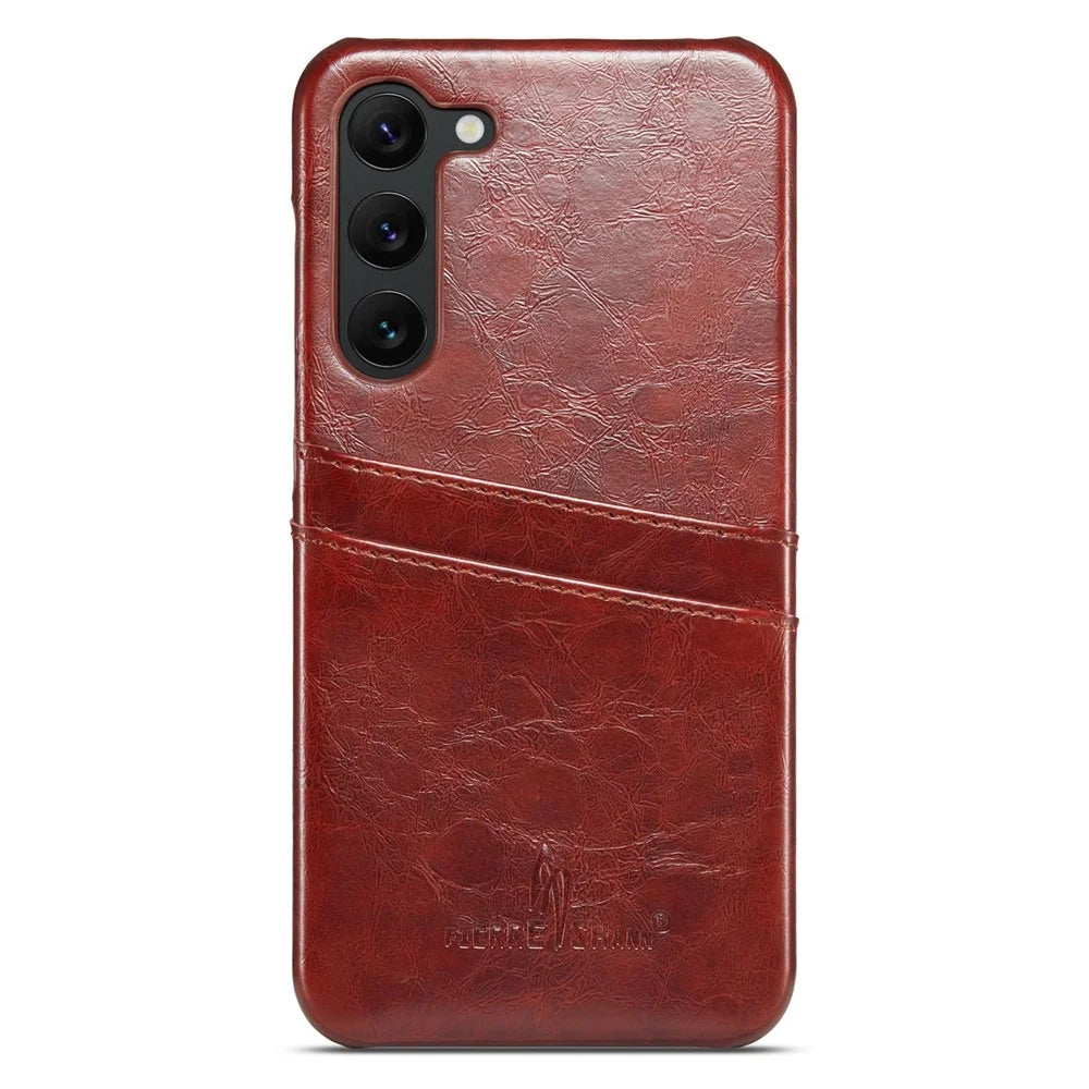 FIERRE SHANN For Samsung Galaxy S23 Phone Protective Cover Card Slots Oil Wax PU Leather+PC Phone Case - Brown - 2