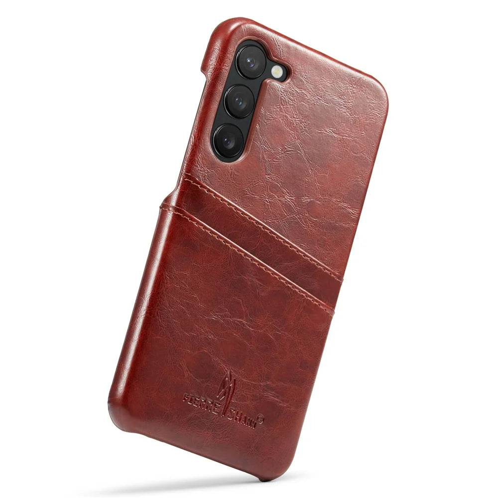 FIERRE SHANN For Samsung Galaxy S23 Phone Protective Cover Card Slots Oil Wax PU Leather+PC Phone Case - Brown - 3