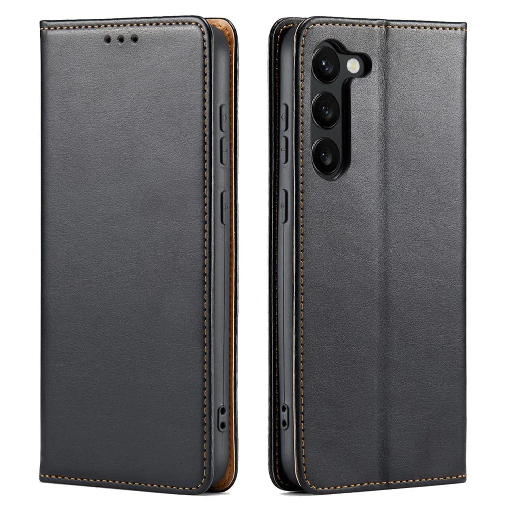 FIERRE SHANN for Samsung Galaxy S23+ Stand Wallet Phone Case PU Leather Smartphone Cover - Black - 1