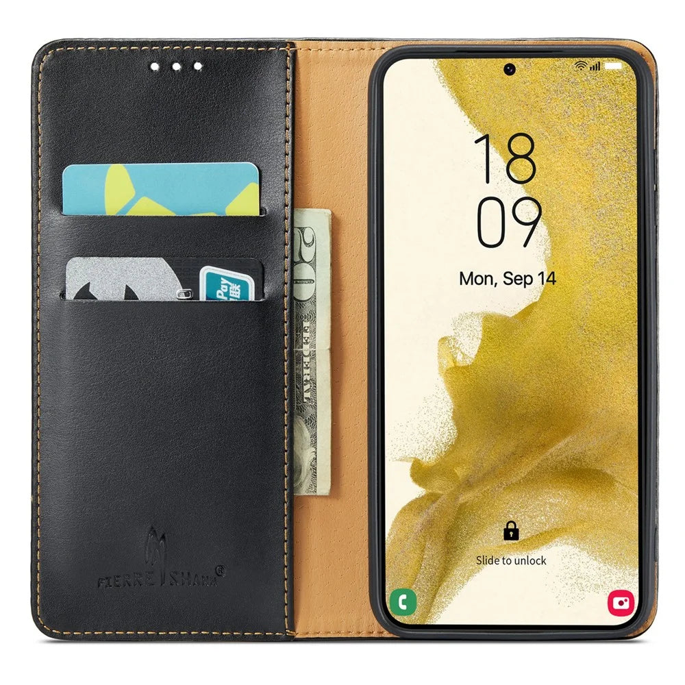 FIERRE SHANN for Samsung Galaxy S23+ Stand Wallet Phone Case PU Leather Smartphone Cover - Black - 2