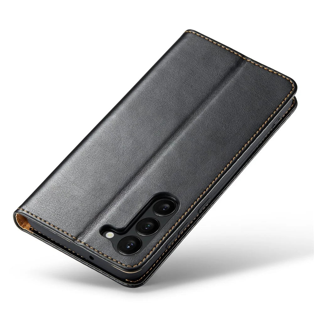 FIERRE SHANN for Samsung Galaxy S23+ Stand Wallet Phone Case PU Leather Smartphone Cover - Black - 5