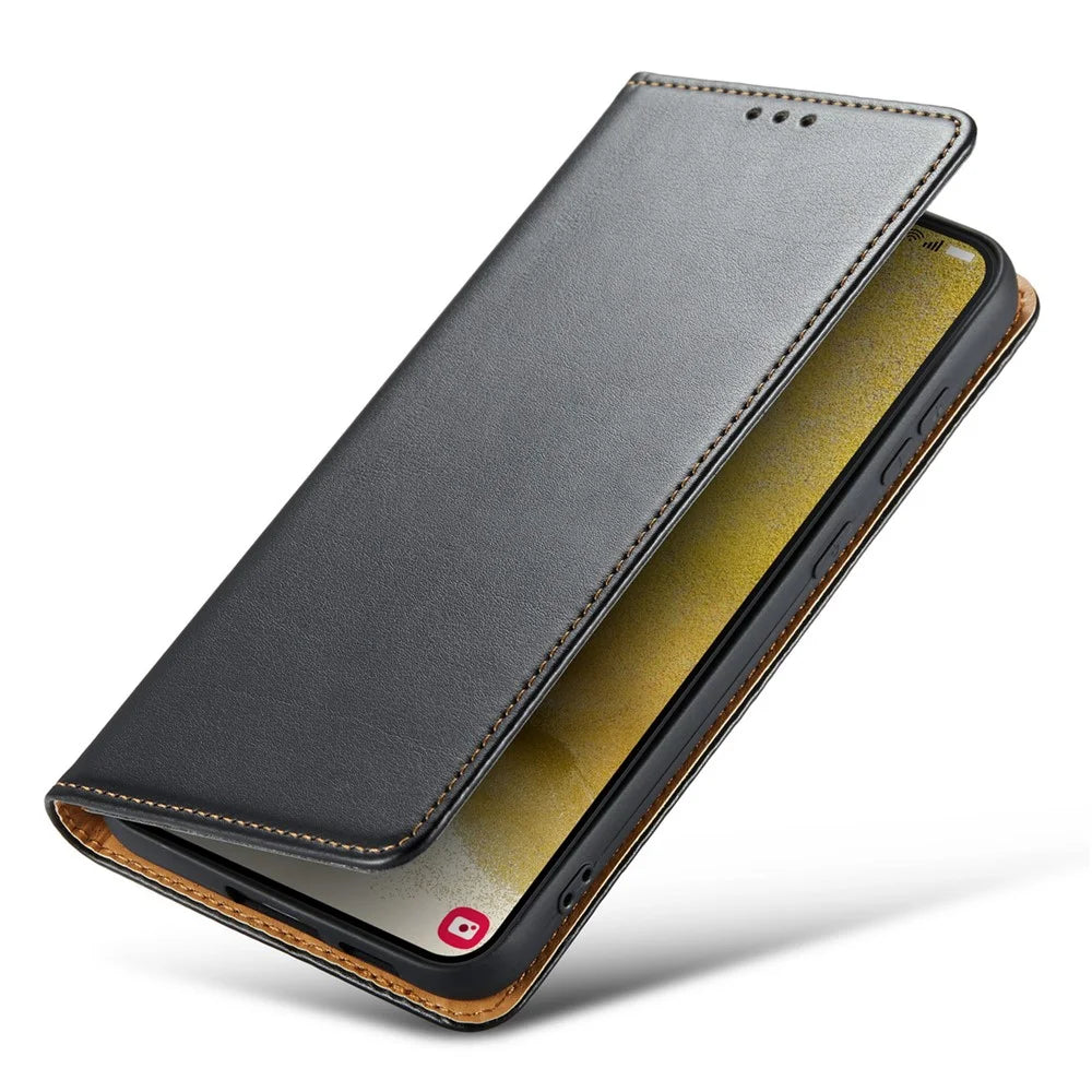 FIERRE SHANN for Samsung Galaxy S23+ Stand Wallet Phone Case PU Leather Smartphone Cover - Black - 6