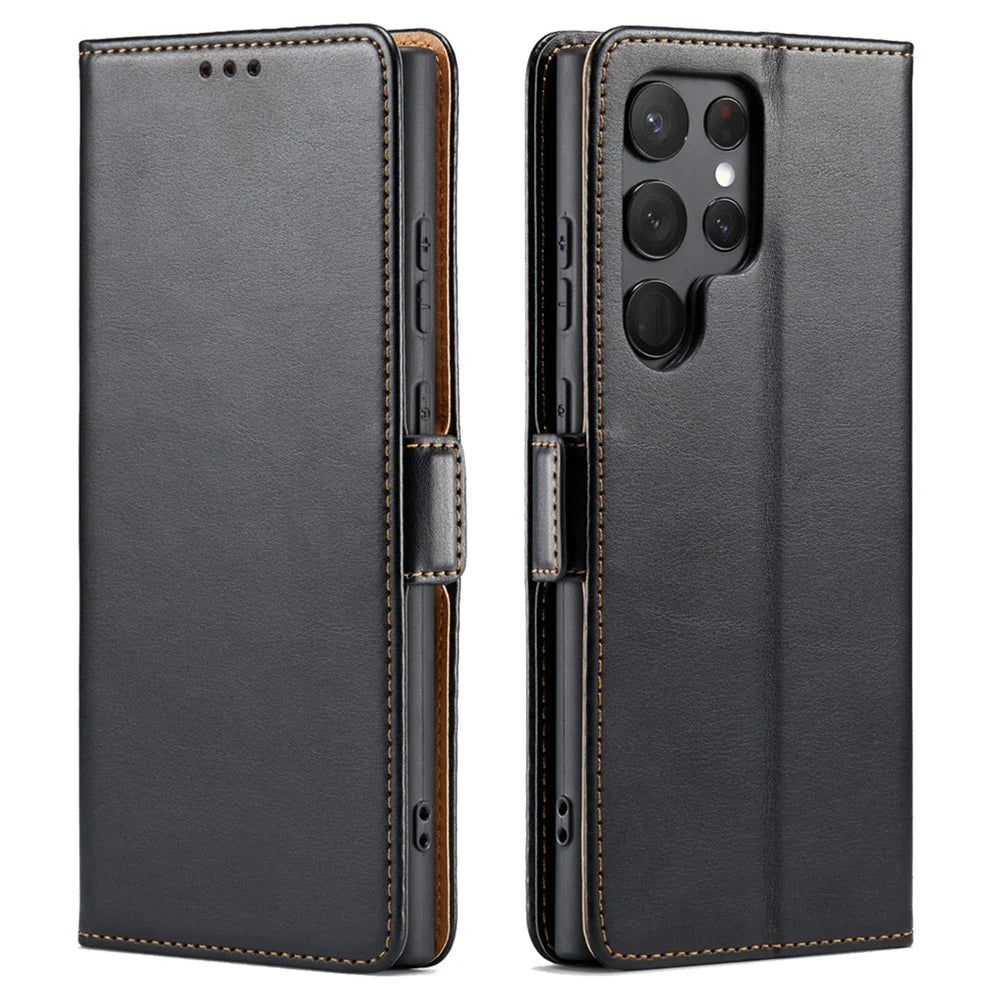 FIERRE SHANN for Samsung Galaxy S23 Ultra Cell Phone Stand Case PU Leather Wallet Phone Cover - Black - 1
