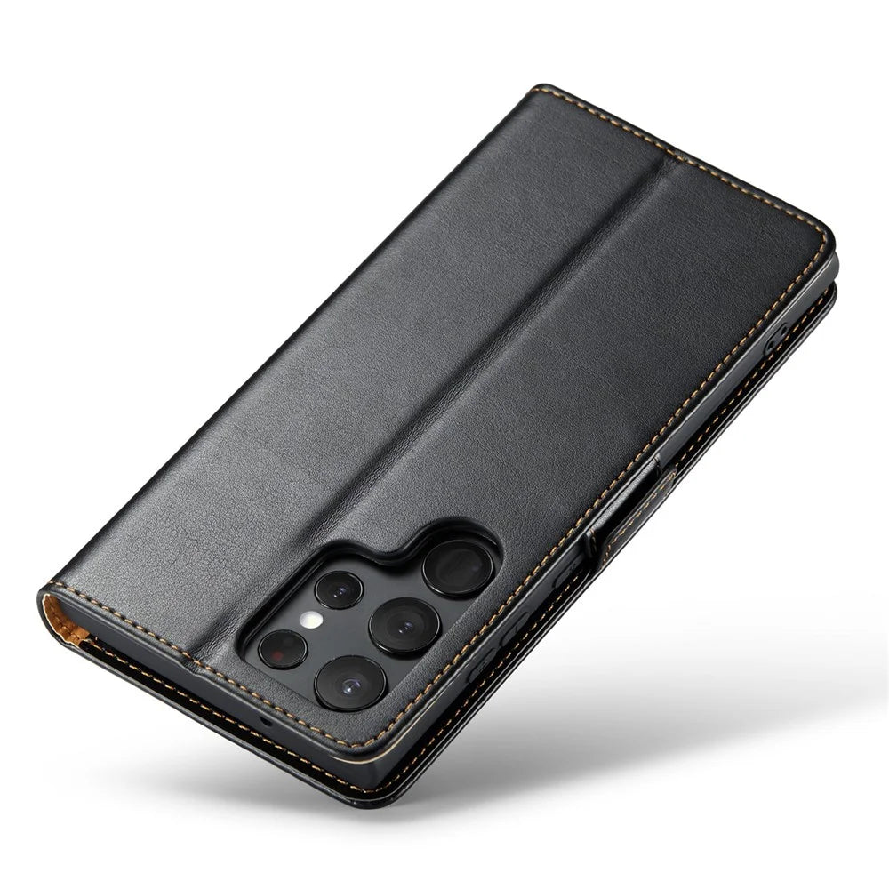 FIERRE SHANN for Samsung Galaxy S23 Ultra Cell Phone Stand Case PU Leather Wallet Phone Cover - Black - 5