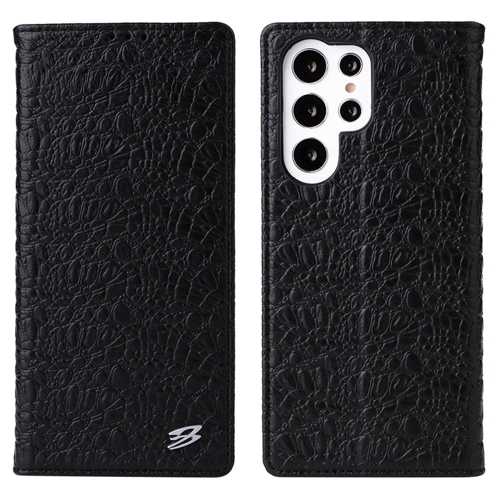 FIERRE SHANN for Samsung Galaxy S23 Ultra Wallet Stand Phone Case Crocodile Texture Genuine Cow Leather Phone Cover - Black - 1