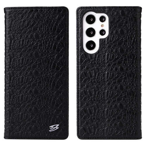 FIERRE SHANN for Samsung Galaxy S23 Ultra Wallet Stand Phone Case Crocodile Texture Genuine Cow Leather Phone Cover - Black - 1