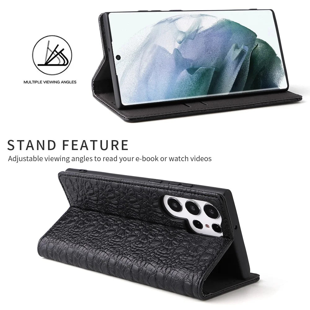 FIERRE SHANN for Samsung Galaxy S23 Ultra Wallet Stand Phone Case Crocodile Texture Genuine Cow Leather Phone Cover - Black - 2