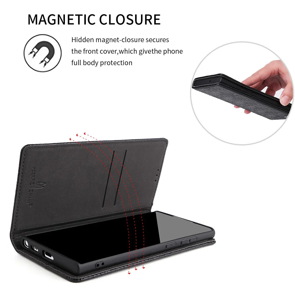 FIERRE SHANN for Samsung Galaxy S23 Ultra Wallet Stand Phone Case Crocodile Texture Genuine Cow Leather Phone Cover - Black - 4