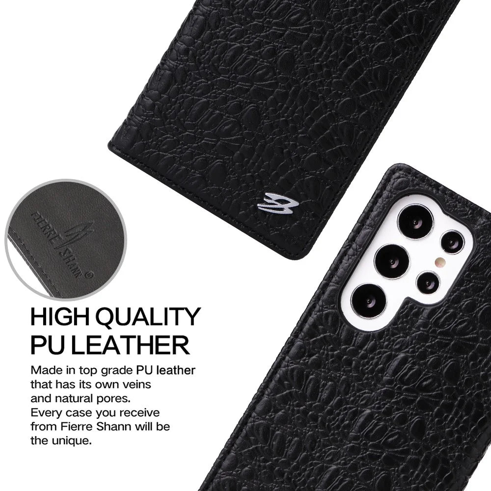 FIERRE SHANN for Samsung Galaxy S23 Ultra Wallet Stand Phone Case Crocodile Texture Genuine Cow Leather Phone Cover - Black - 6