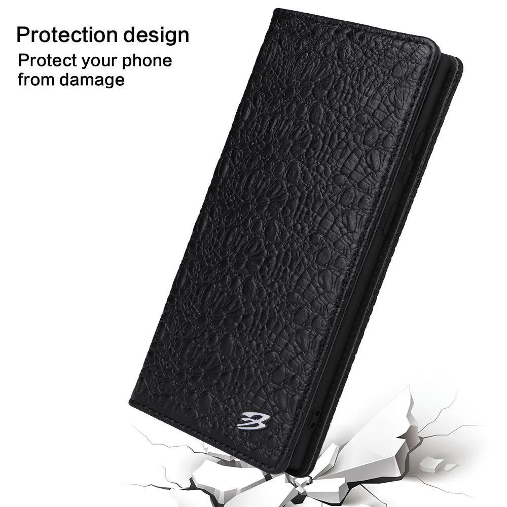 FIERRE SHANN for Samsung Galaxy S23 Ultra Wallet Stand Phone Case Crocodile Texture Genuine Cow Leather Phone Cover - Black - 7