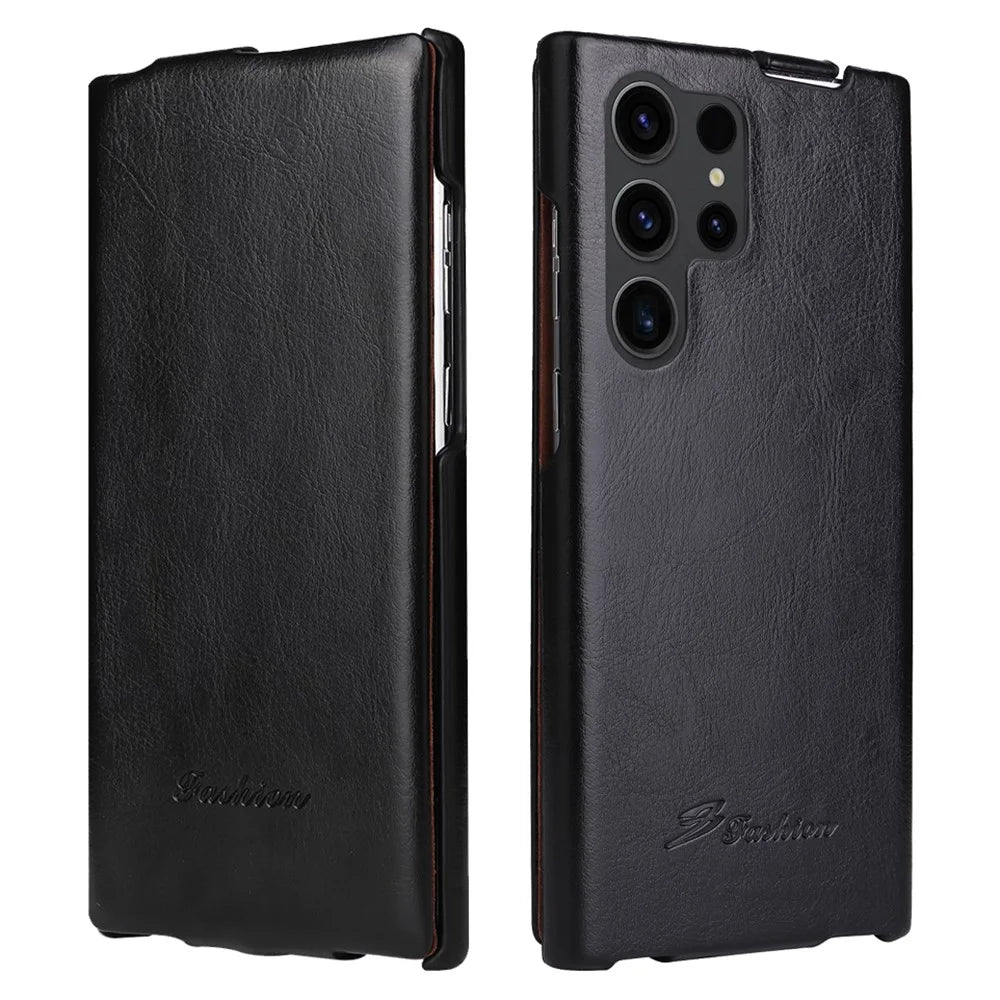 Vertical Flip Cover for Samsung Galaxy S23 Ultra , PC+PU Leather Crazy Horse Texture Phone Shell Case - Black - 1