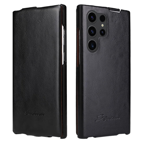 Vertical Flip Cover for Samsung Galaxy S23 Ultra , PC+PU Leather Crazy Horse Texture Phone Shell Case - Black - 1