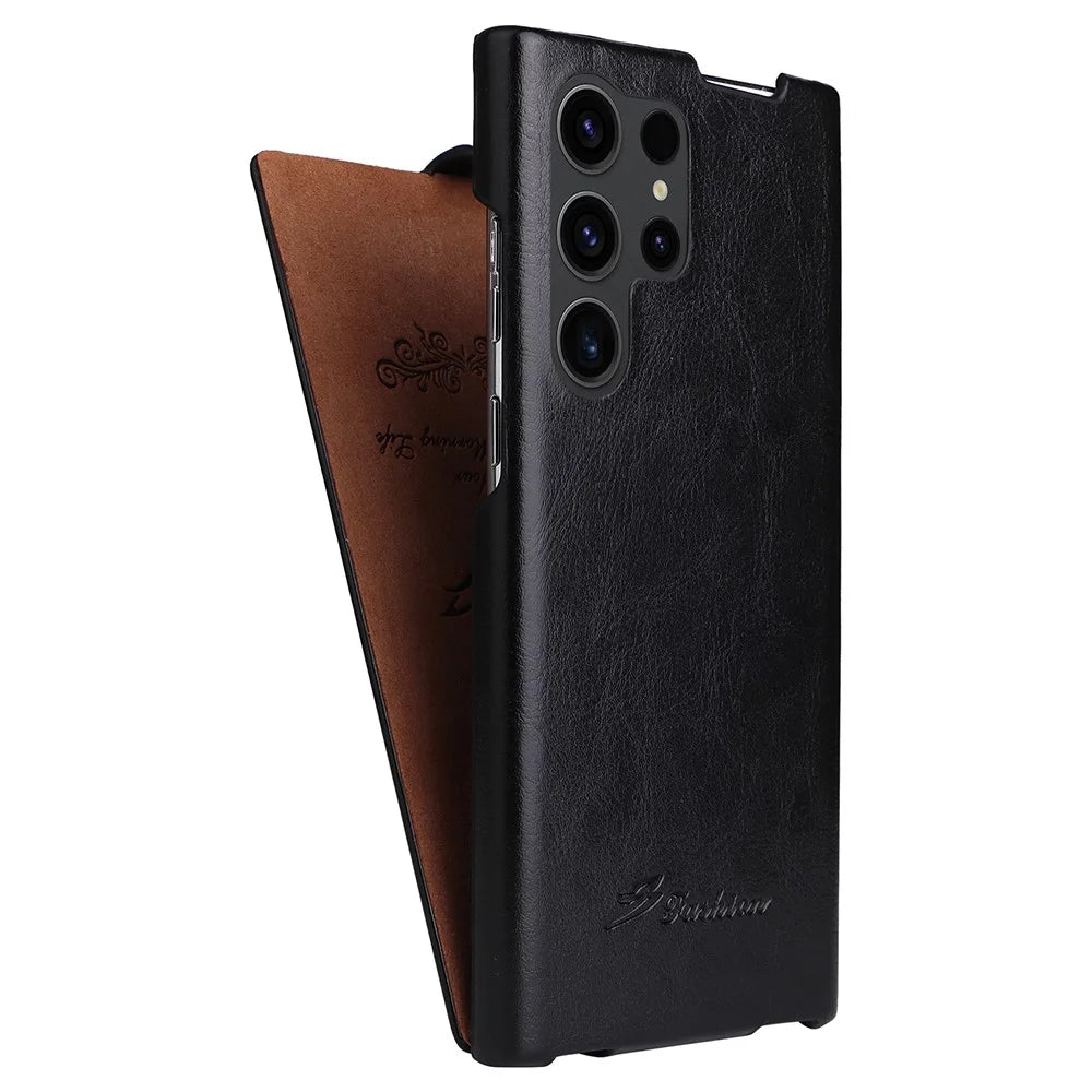 Vertical Flip Cover for Samsung Galaxy S23 Ultra , PC+PU Leather Crazy Horse Texture Phone Shell Case - Black - 2