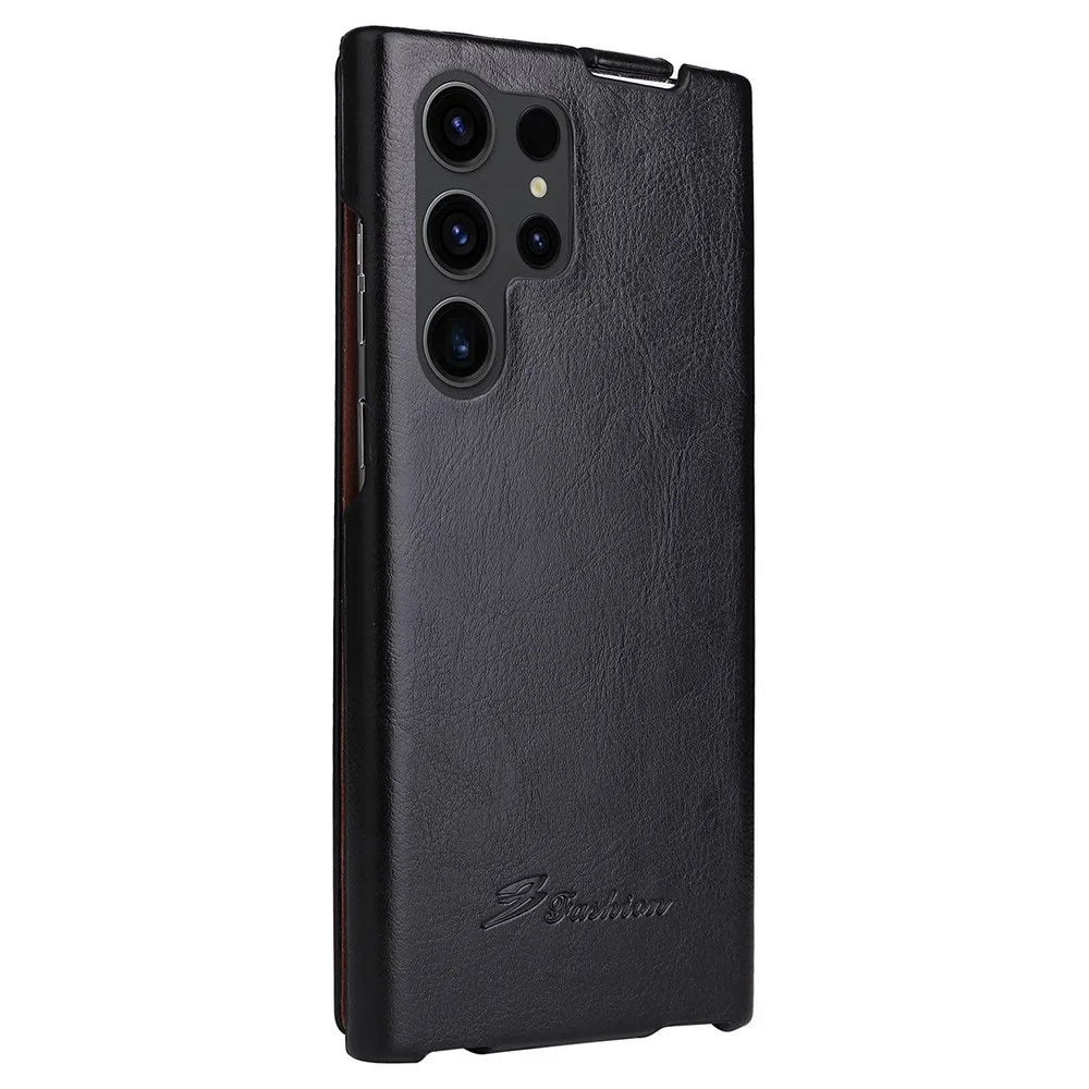 Vertical Flip Cover for Samsung Galaxy S23 Ultra , PC+PU Leather Crazy Horse Texture Phone Shell Case - Black - 5