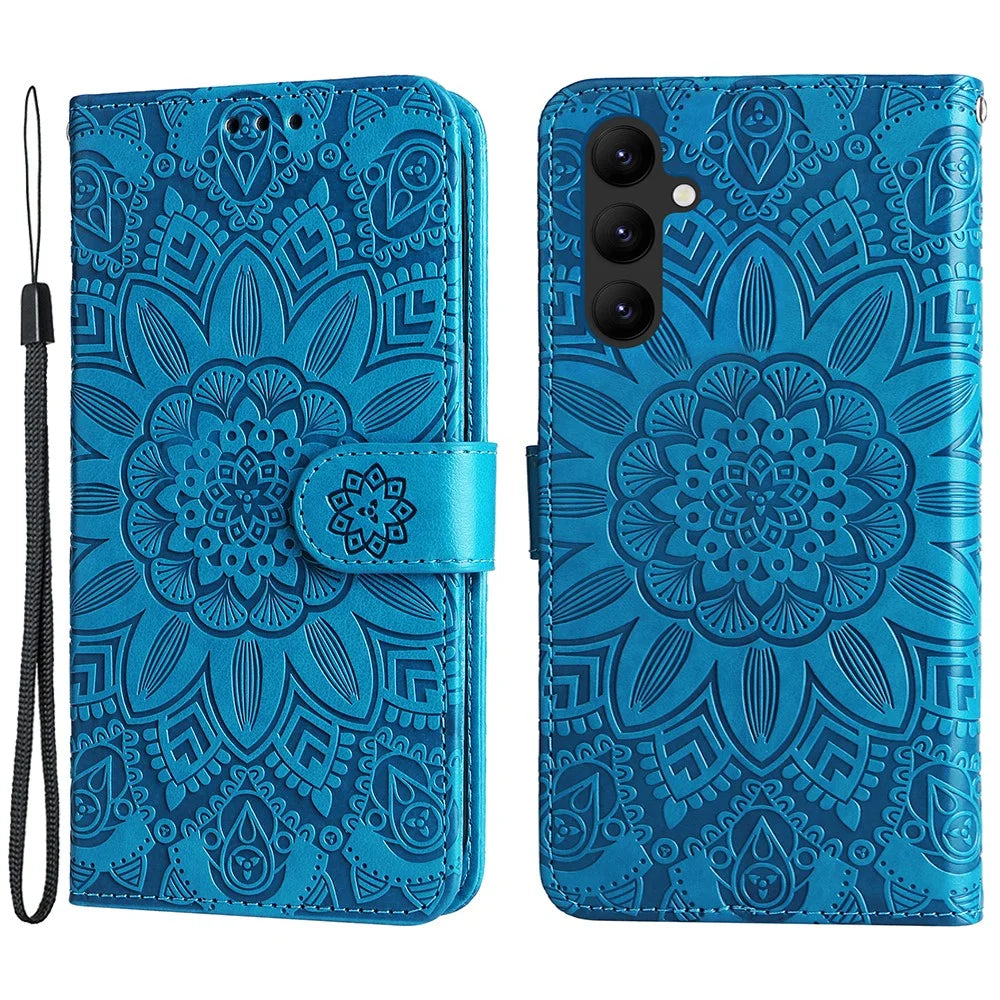 Leather Phone Case for Samsung Galaxy A24 4G (162.1 x 77.6 x 8.3mm) , Stand Wallet Sunflower Imprinted Cover with Hand Strap - Blue - 1