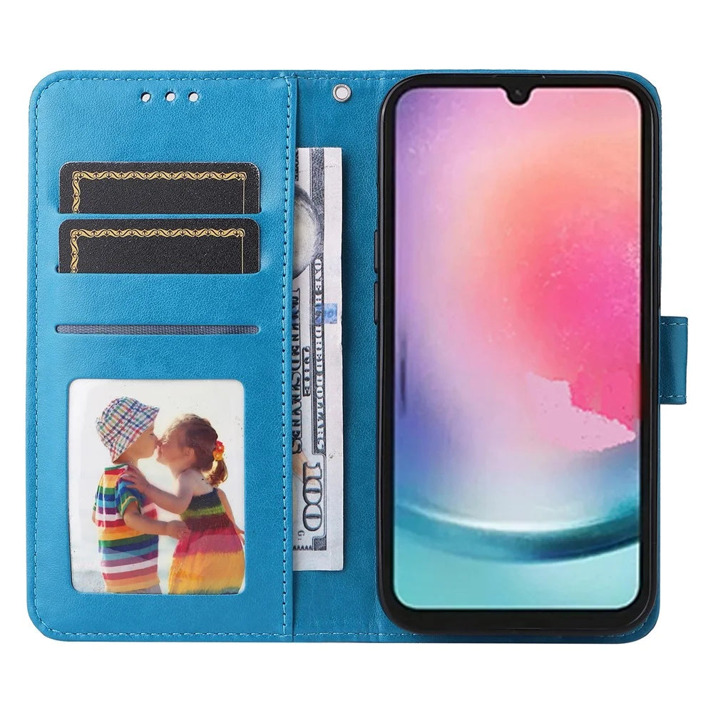 Leather Phone Case for Samsung Galaxy A24 4G (162.1 x 77.6 x 8.3mm) , Stand Wallet Sunflower Imprinted Cover with Hand Strap - Blue - 2