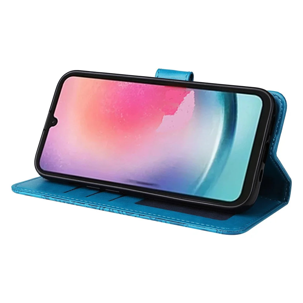 Leather Phone Case for Samsung Galaxy A24 4G (162.1 x 77.6 x 8.3mm) , Stand Wallet Sunflower Imprinted Cover with Hand Strap - Blue - 3
