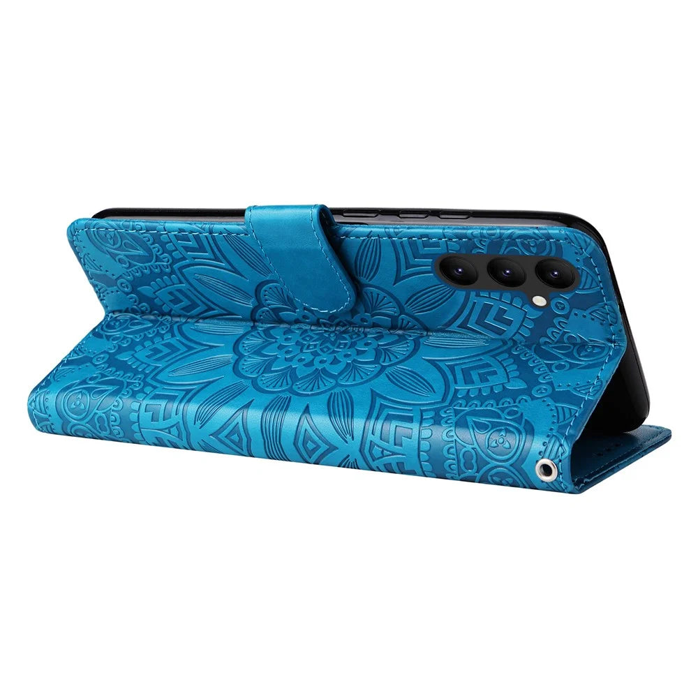 Leather Phone Case for Samsung Galaxy A24 4G (162.1 x 77.6 x 8.3mm) , Stand Wallet Sunflower Imprinted Cover with Hand Strap - Blue - 4