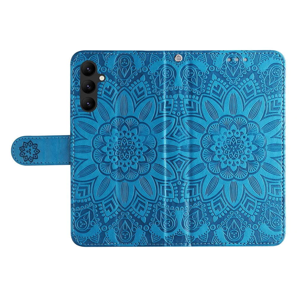 Leather Phone Case for Samsung Galaxy A24 4G (162.1 x 77.6 x 8.3mm) , Stand Wallet Sunflower Imprinted Cover with Hand Strap - Blue - 5