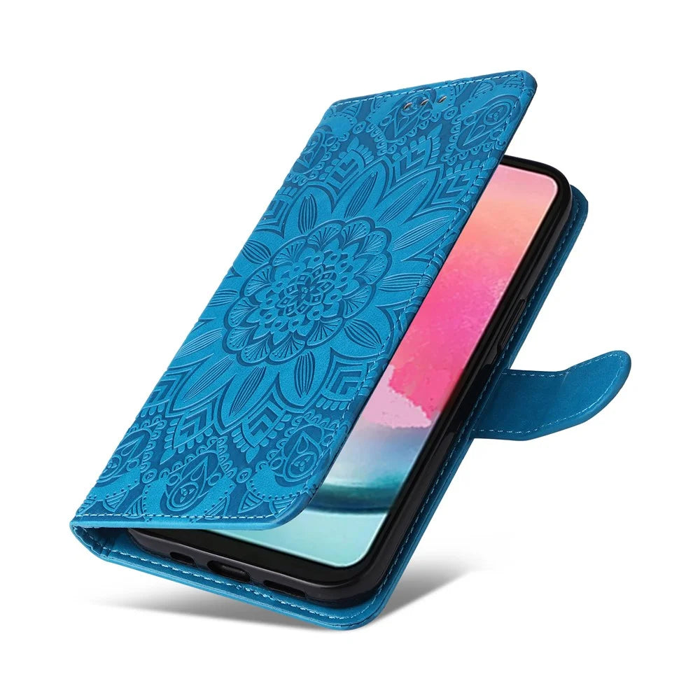 Leather Phone Case for Samsung Galaxy A24 4G (162.1 x 77.6 x 8.3mm) , Stand Wallet Sunflower Imprinted Cover with Hand Strap - Blue - 6