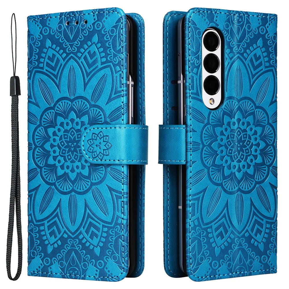 For Samsung Galaxy Z Fold3 5G Wallet Phone Case Stand Sunflower Imprinted Leather Folding Phone Cover with Strap - Blue - 1