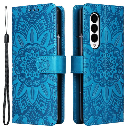 For Samsung Galaxy Z Fold3 5G Wallet Phone Case Stand Sunflower Imprinted Leather Folding Phone Cover with Strap - Blue - 1