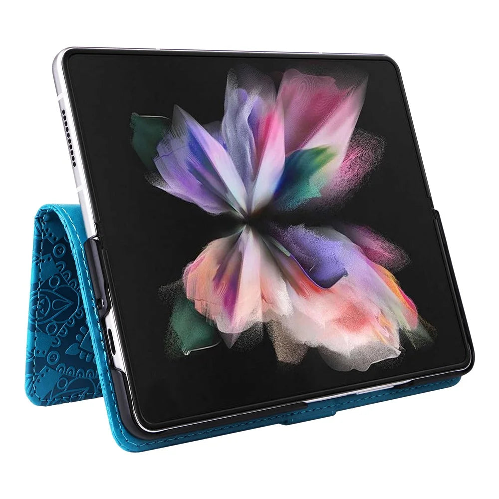 For Samsung Galaxy Z Fold3 5G Wallet Phone Case Stand Sunflower Imprinted Leather Folding Phone Cover with Strap - Blue - 2