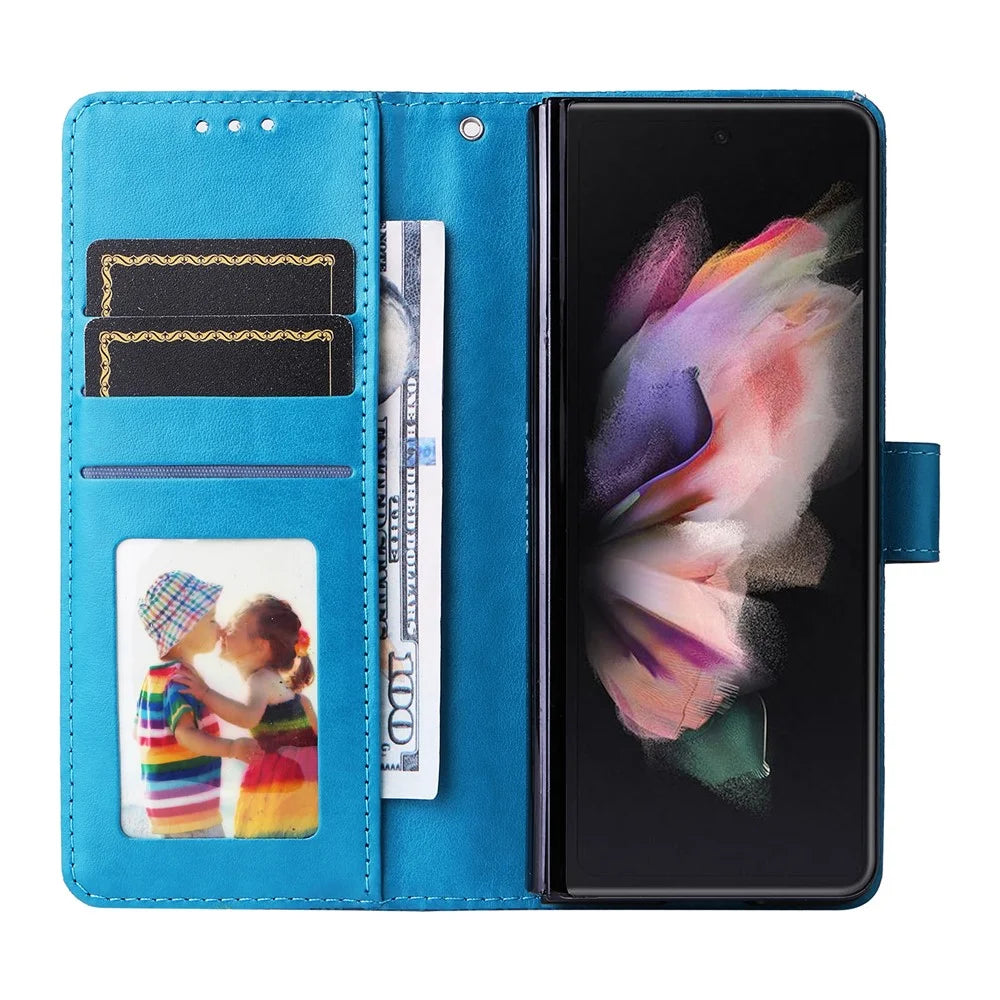 For Samsung Galaxy Z Fold3 5G Wallet Phone Case Stand Sunflower Imprinted Leather Folding Phone Cover with Strap - Blue - 3