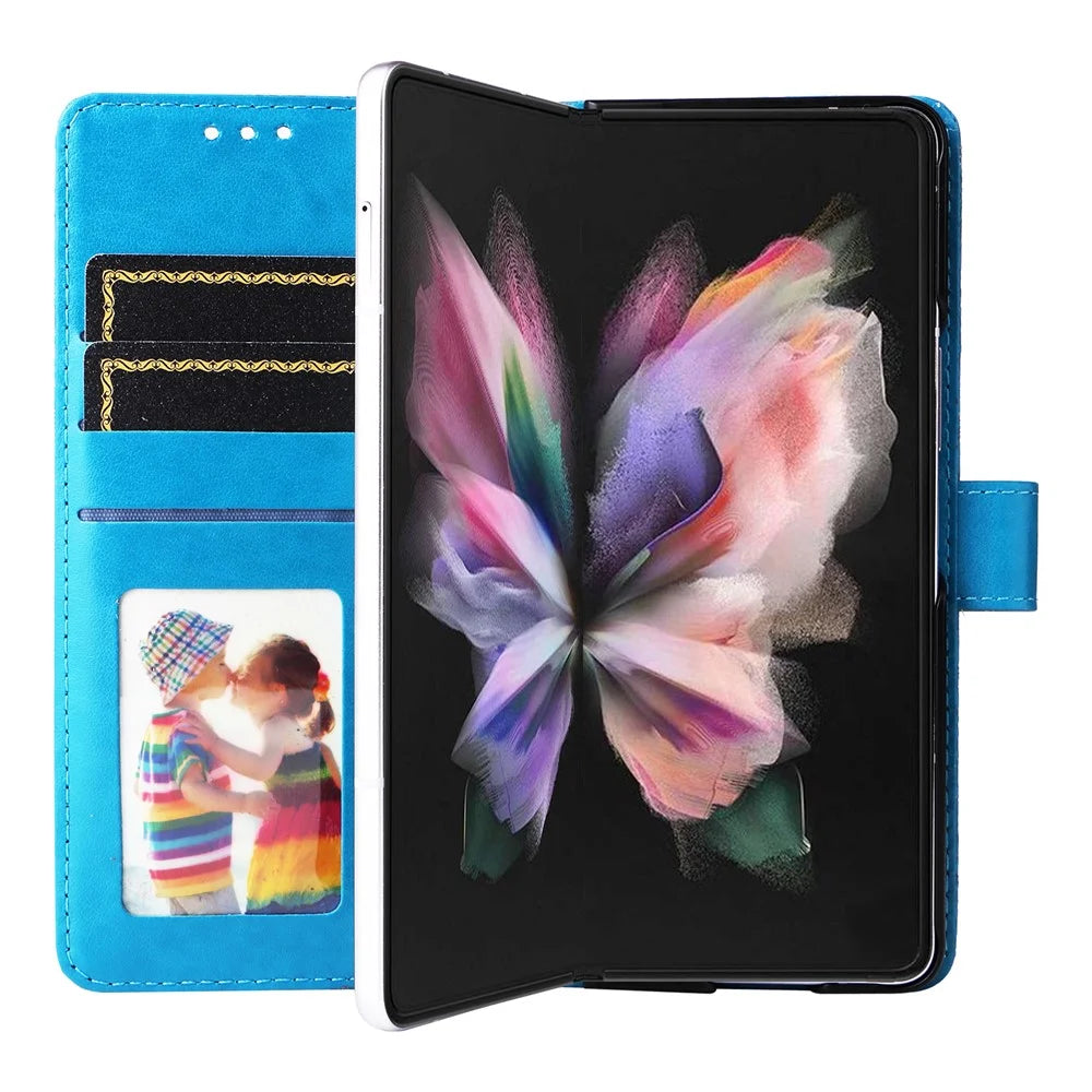 For Samsung Galaxy Z Fold3 5G Wallet Phone Case Stand Sunflower Imprinted Leather Folding Phone Cover with Strap - Blue - 4