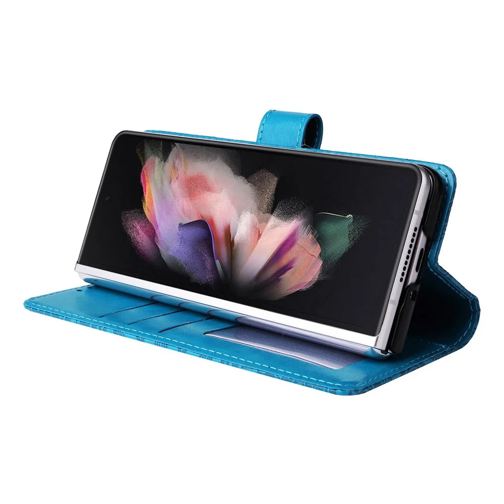 For Samsung Galaxy Z Fold3 5G Wallet Phone Case Stand Sunflower Imprinted Leather Folding Phone Cover with Strap - Blue - 5