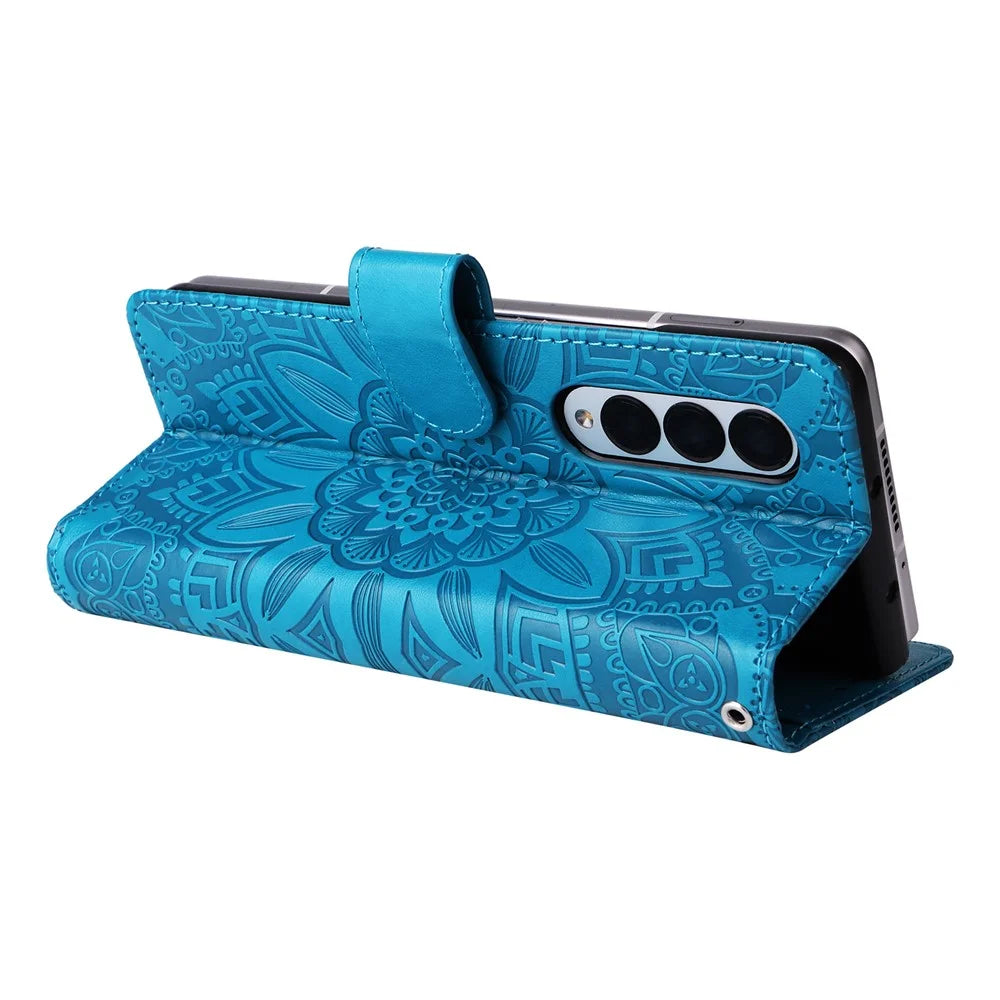 For Samsung Galaxy Z Fold3 5G Wallet Phone Case Stand Sunflower Imprinted Leather Folding Phone Cover with Strap - Blue - 6