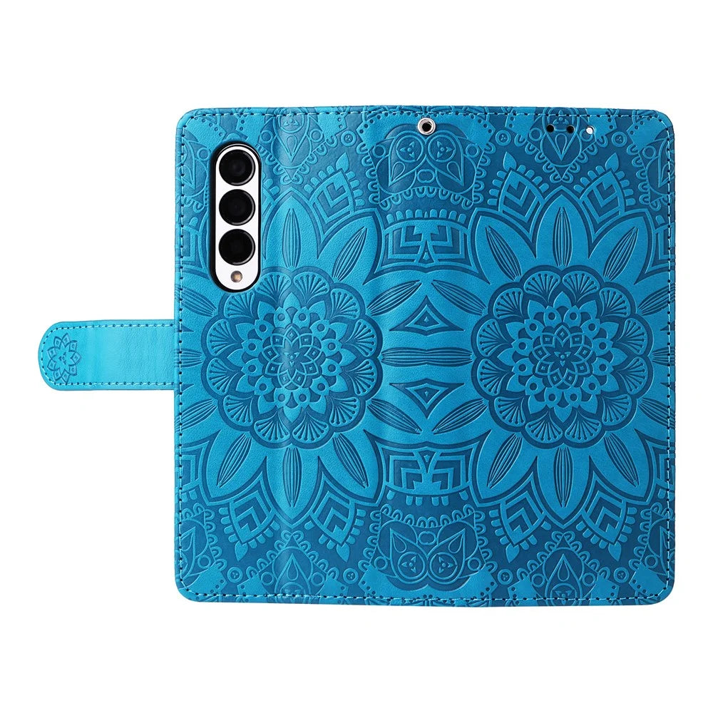 For Samsung Galaxy Z Fold3 5G Wallet Phone Case Stand Sunflower Imprinted Leather Folding Phone Cover with Strap - Blue - 7