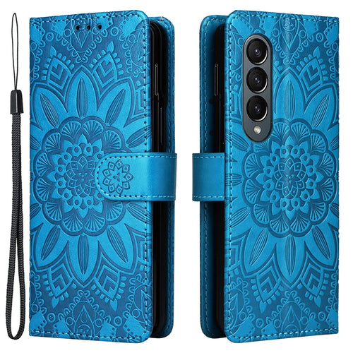 For Samsung Galaxy Z Fold4 5G Leather Stand Phone Case Sunflower Imprinted Wallet Folding Phone Cover with Strap - Blue - 1