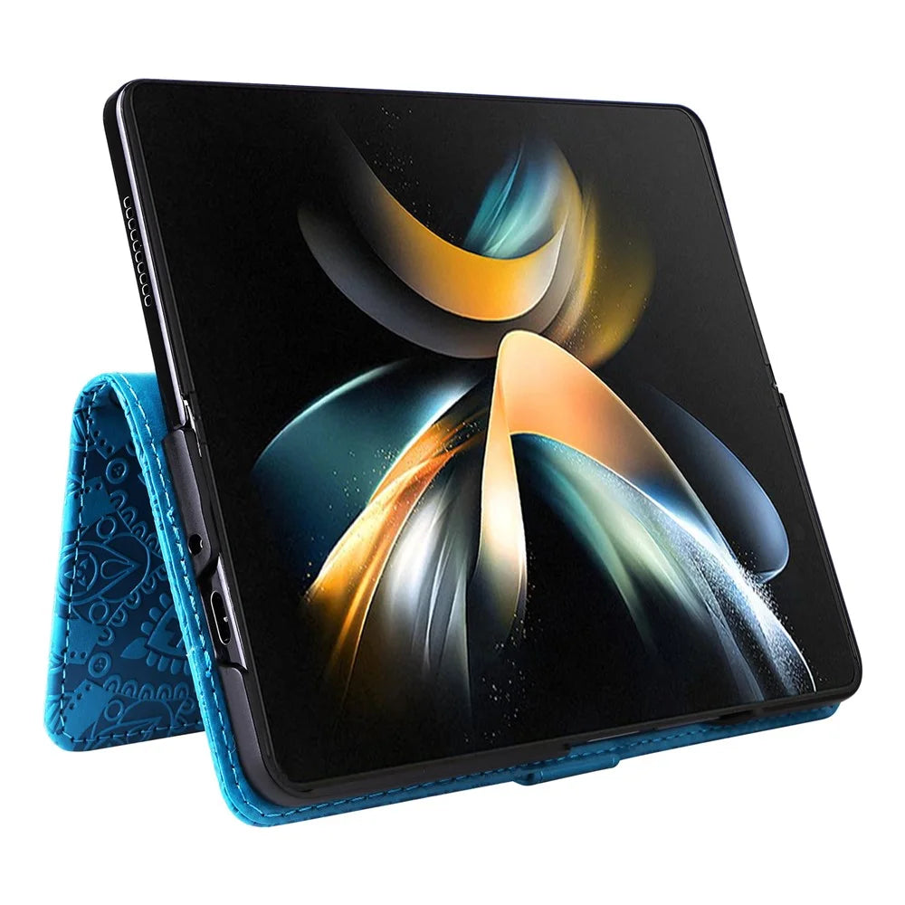 For Samsung Galaxy Z Fold4 5G Leather Stand Phone Case Sunflower Imprinted Wallet Folding Phone Cover with Strap - Blue - 2