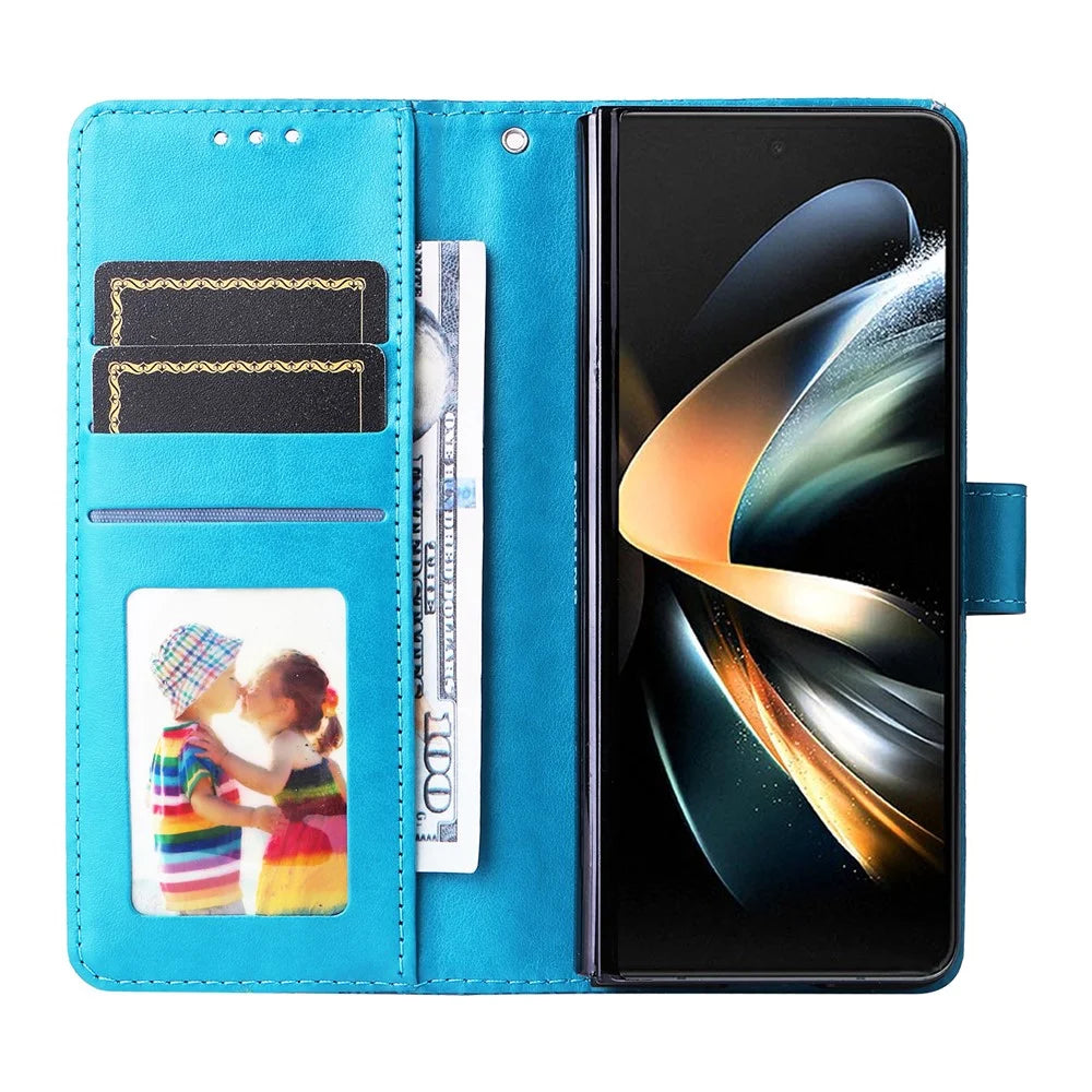 For Samsung Galaxy Z Fold4 5G Leather Stand Phone Case Sunflower Imprinted Wallet Folding Phone Cover with Strap - Blue - 3