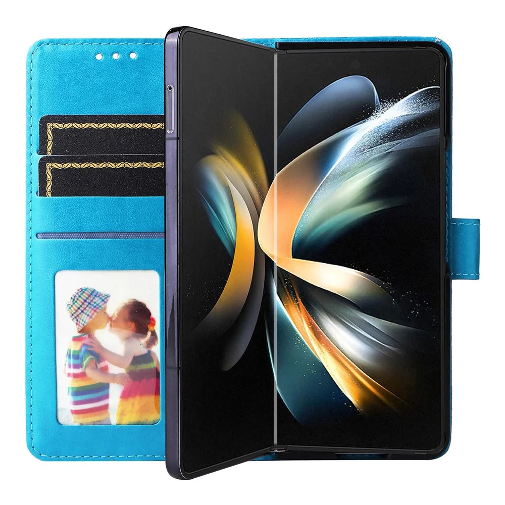 For Samsung Galaxy Z Fold4 5G Leather Stand Phone Case Sunflower Imprinted Wallet Folding Phone Cover with Strap - Blue - 4