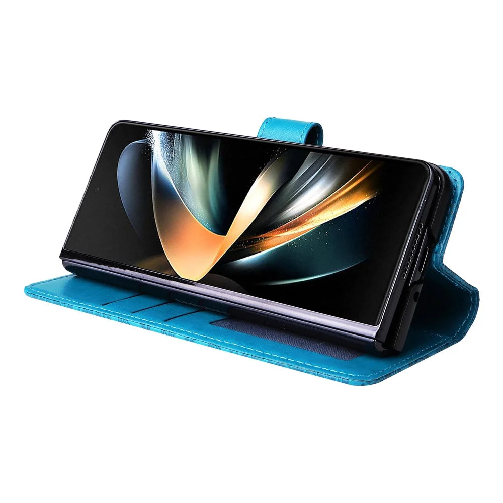 For Samsung Galaxy Z Fold4 5G Leather Stand Phone Case Sunflower Imprinted Wallet Folding Phone Cover with Strap - Blue - 5