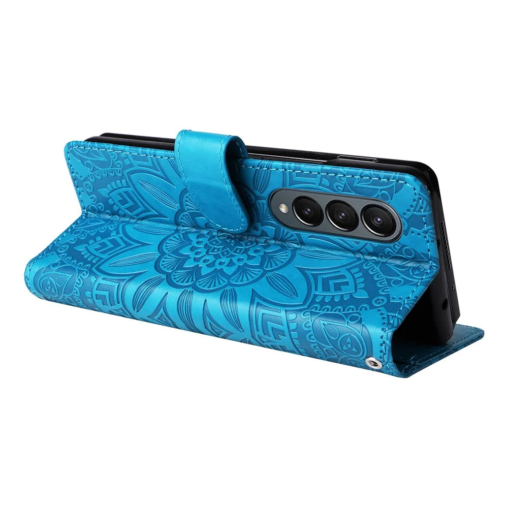 For Samsung Galaxy Z Fold4 5G Leather Stand Phone Case Sunflower Imprinted Wallet Folding Phone Cover with Strap - Blue - 6