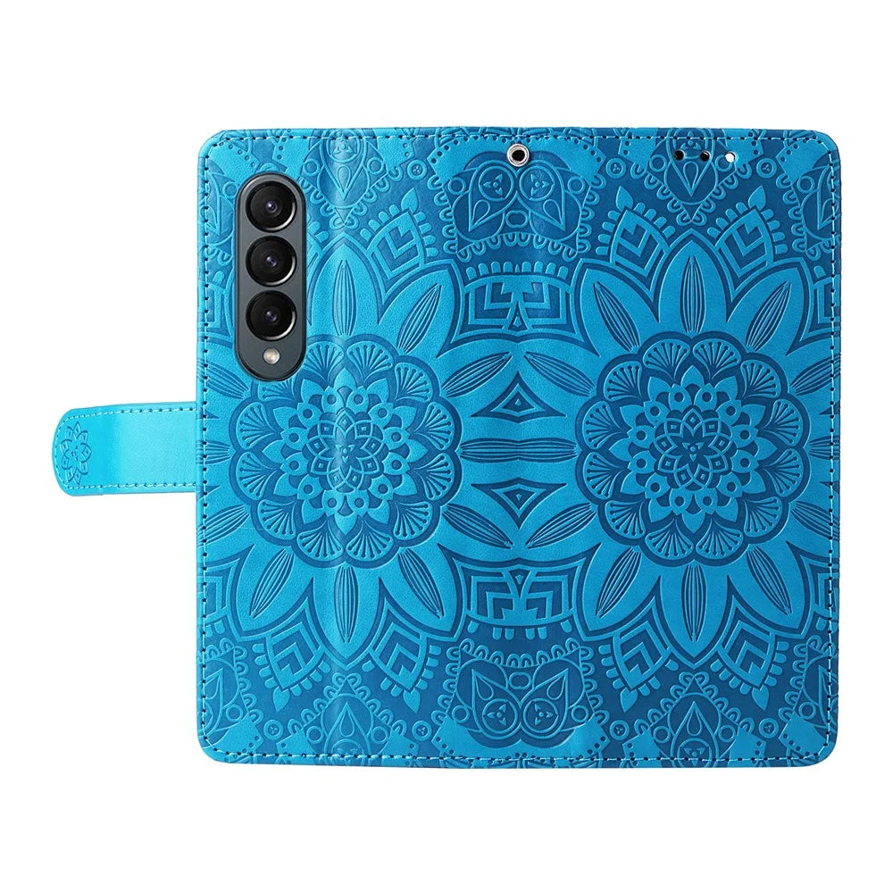 For Samsung Galaxy Z Fold4 5G Leather Stand Phone Case Sunflower Imprinted Wallet Folding Phone Cover with Strap - Blue - 7