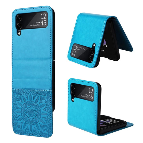 For Samsung Galaxy Z Flip3 5G Leather Phone Case Card Slot Sunflower Imprinted Phone Cover - Blue - 1