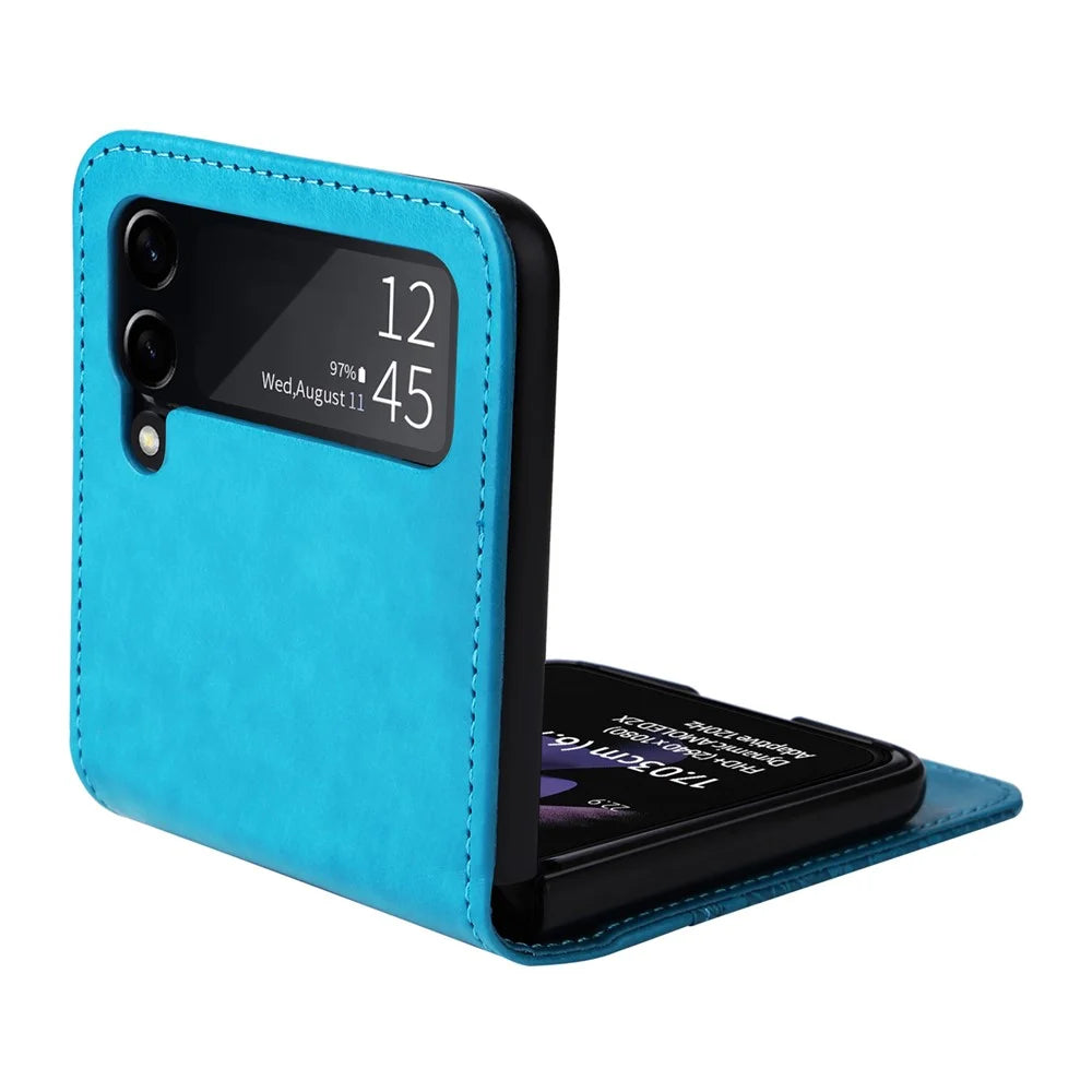 For Samsung Galaxy Z Flip3 5G Leather Phone Case Card Slot Sunflower Imprinted Phone Cover - Blue - 2