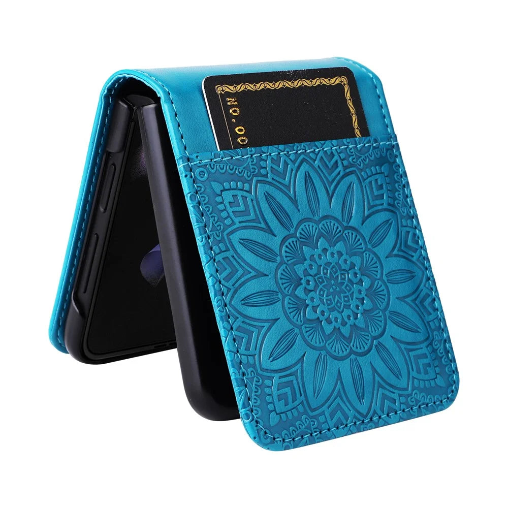 For Samsung Galaxy Z Flip3 5G Leather Phone Case Card Slot Sunflower Imprinted Phone Cover - Blue - 3