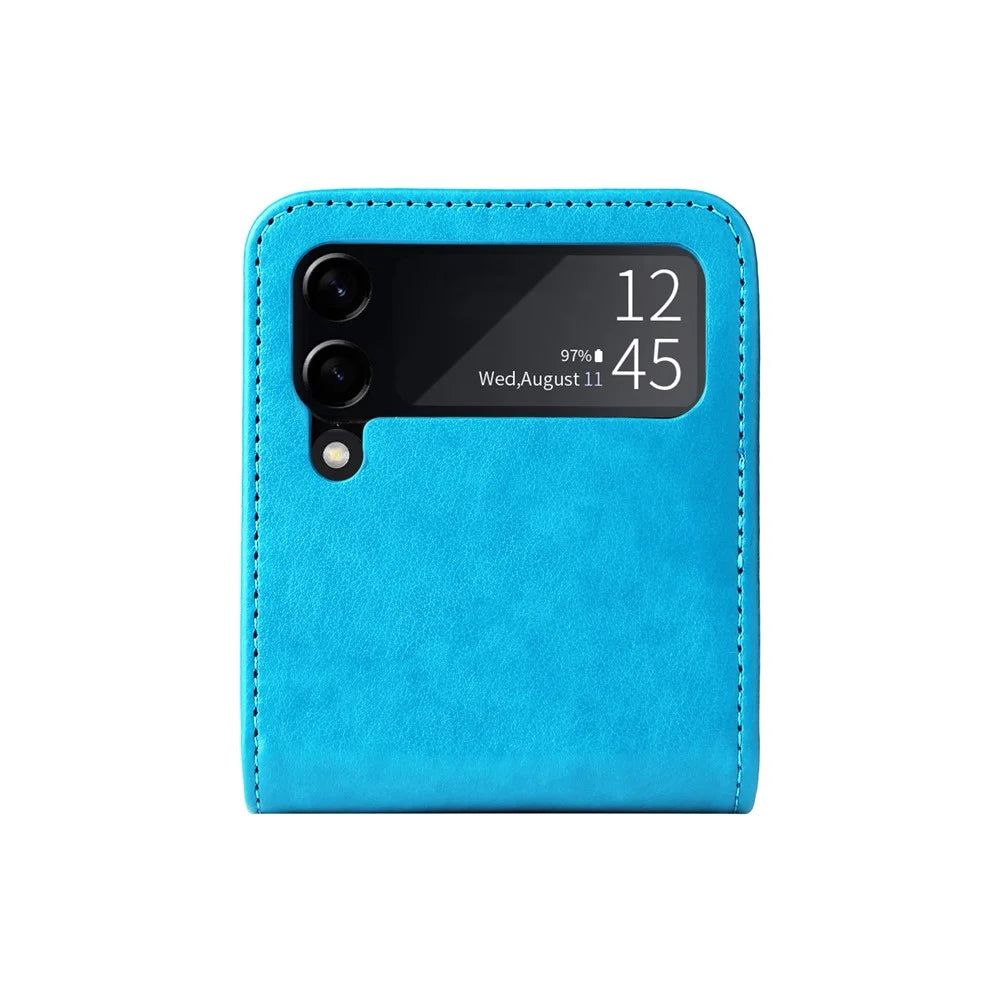 For Samsung Galaxy Z Flip3 5G Leather Phone Case Card Slot Sunflower Imprinted Phone Cover - Blue - 6