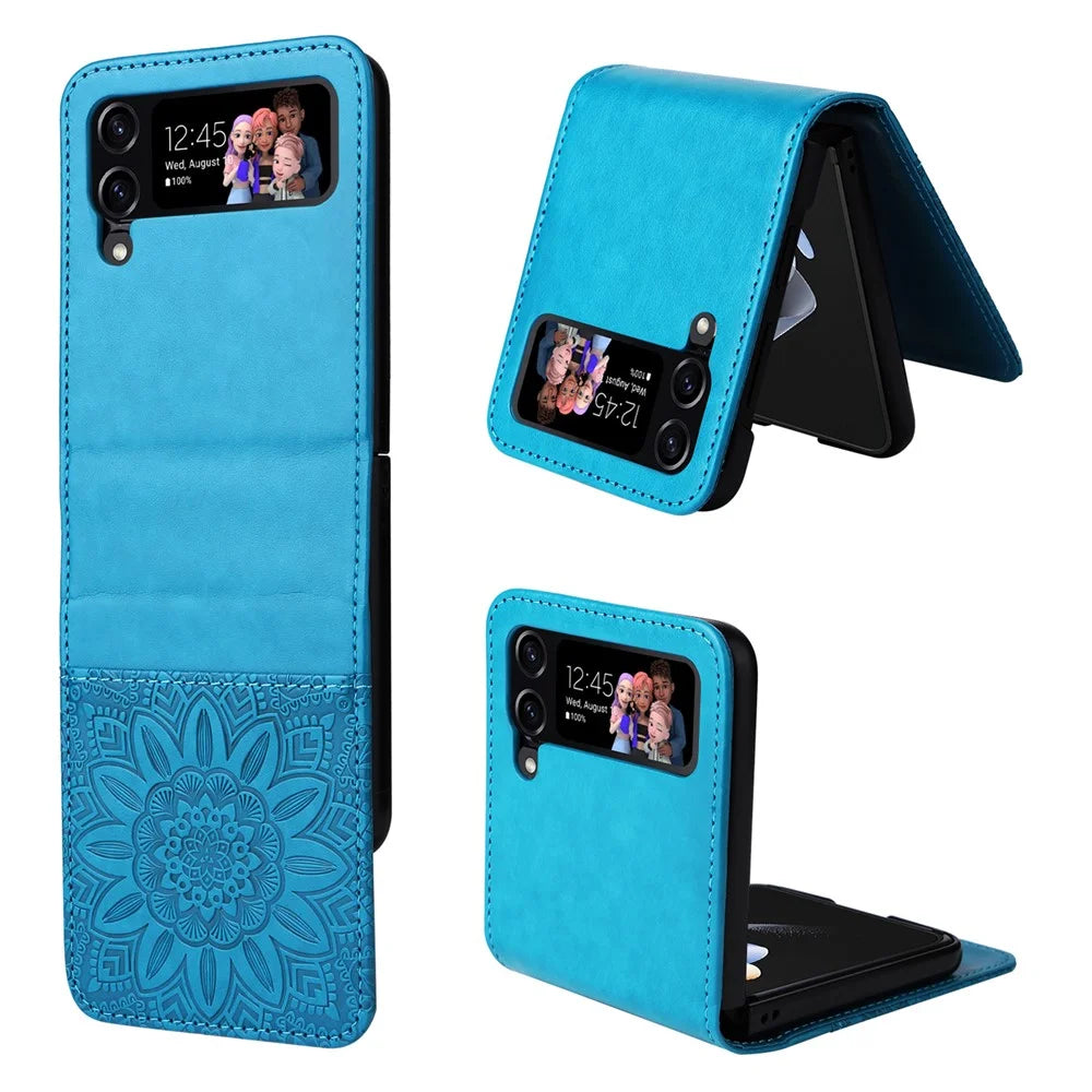 For Samsung Galaxy Z Flip4 5G Folding Phone Leather Case Sunflower Imprinted Phone Cover with Card Holder - Blue - 1
