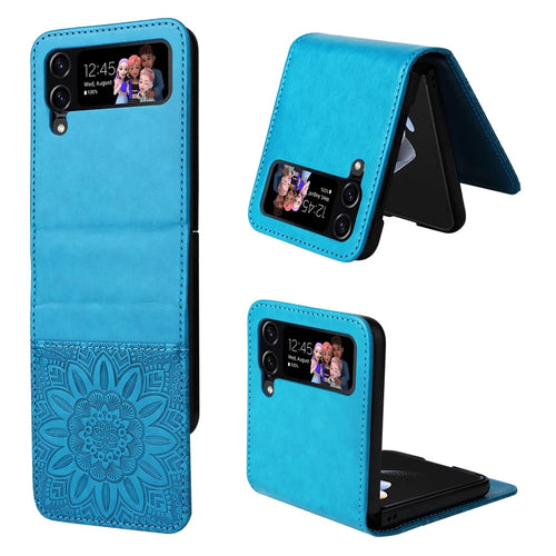 For Samsung Galaxy Z Flip4 5G Folding Phone Leather Case Sunflower Imprinted Phone Cover with Card Holder - Blue - 1